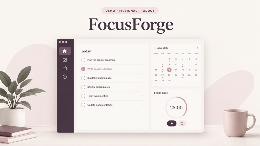 FocusForge demo software cover — fictional demo content