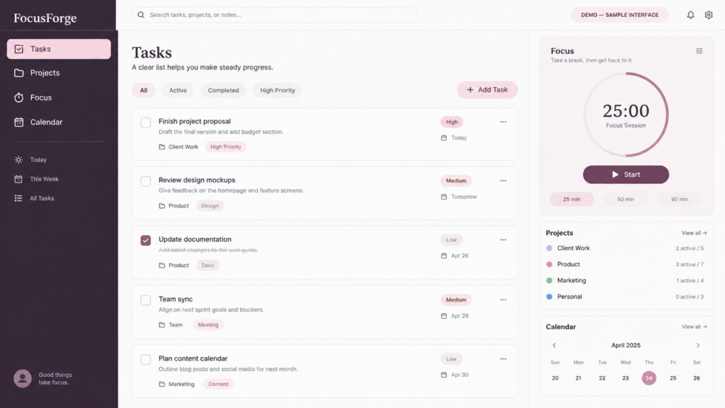 FocusForge sample dashboard — fictional demo content